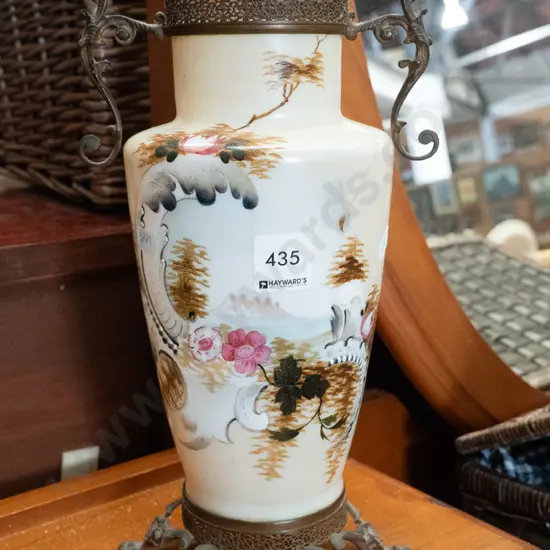 Victorian hand painted glass vase with cast metal mounts - has had significant repair H-290