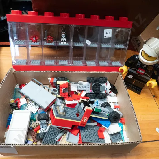 Lego display cabinet, Lego pieces, large Lego figurine with illuminated beak