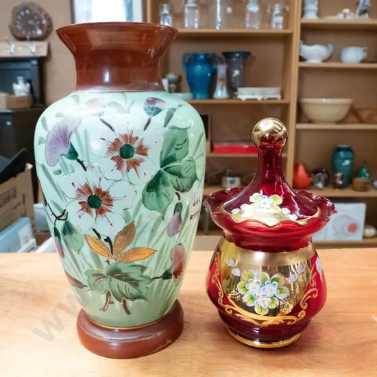 hand painted glass vase - major repairs - and a ruby Venetian glass lidded pot. Vase H-270