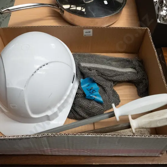 box; hand guard, butcher's steels, knives etc