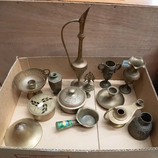 box of brass ware; vases, lanterns, candlesticks etc