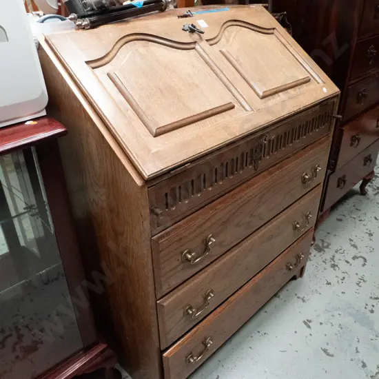 oak 3 drawer drop front desk - key in office H-960 W-750 D-470