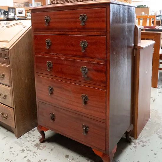 mahogany cab leg 5 drawer tall boy - varnish needs attention H-1050 W-620 D-420