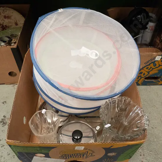 box; glass baking trays, assorted, pots etc