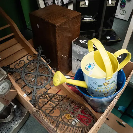 box; metal crucifix, jardiniere stand, bath tray, bucket etc