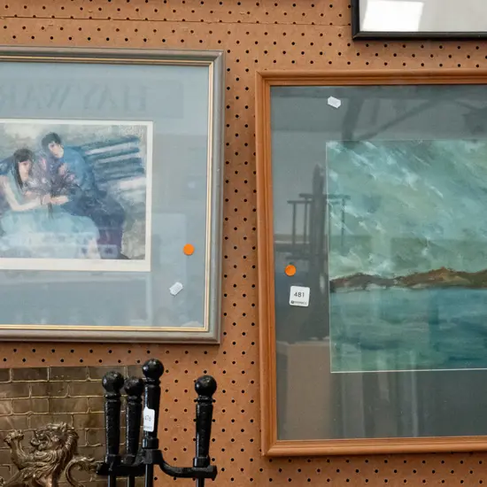 2x framed prints, framed acrylic - orange dots