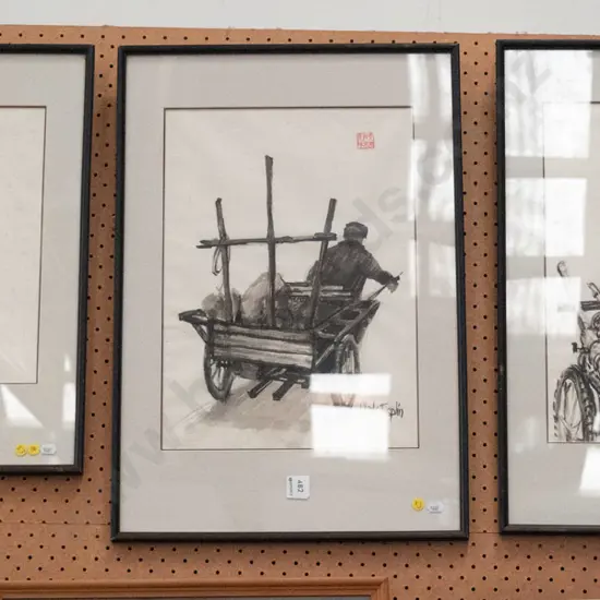 3x framed Clark Esplin Asian inks - significant foxing