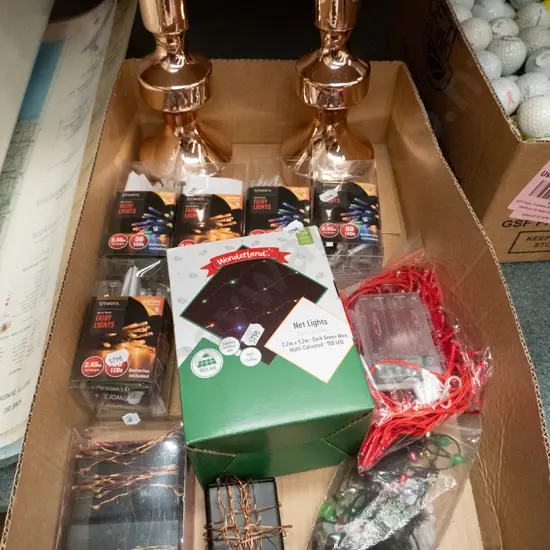box; fairy lights, candlesticks