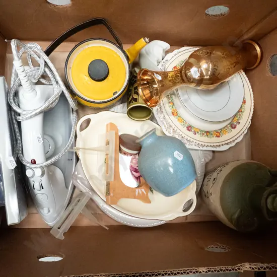 box; teapots, glass vase, iron, plates etc