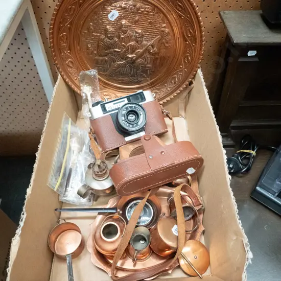 box; copper wall charger, 35mm film camera, copper miniatures, etc