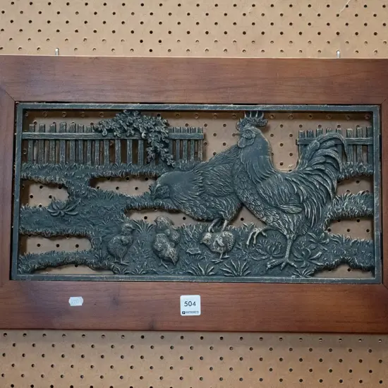 wood framed cast metal poultry art