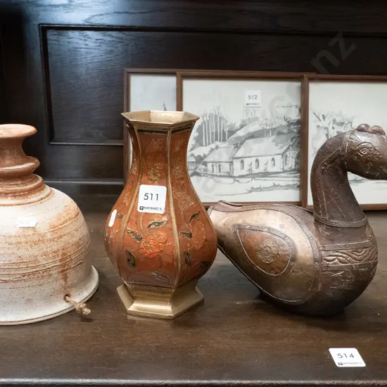 brass vase, duck, studio pottery hanging planter