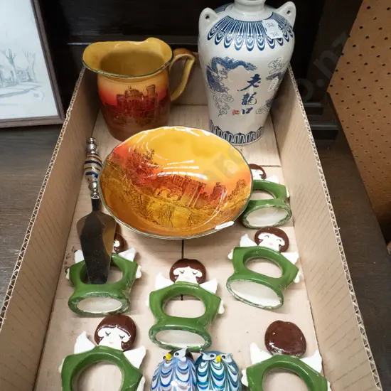 Royal Doulton castle jug and bowl, sake bottle, napkin rings etc