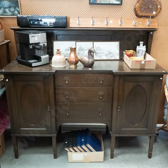 solid oak buffet sideboard with 2 doors, 3 drawers, including cutlery drawer - good condition