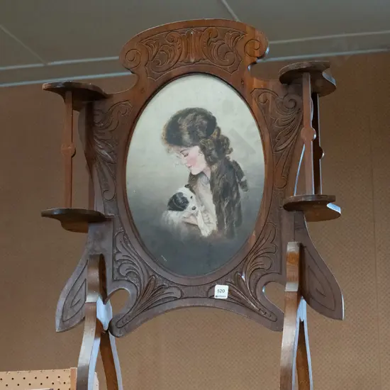 Edwardian firescreen with girl and dog portrait centre