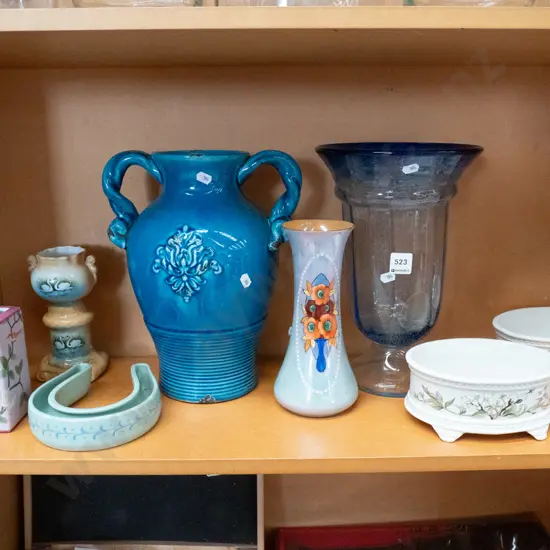 shelf; ewer vase, glass vase, footed bowls etc