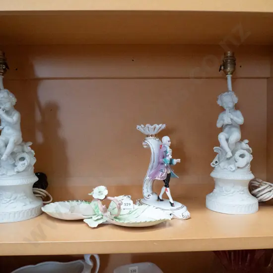 2x cherub figural lamp bases, candlesticks, leaf dish