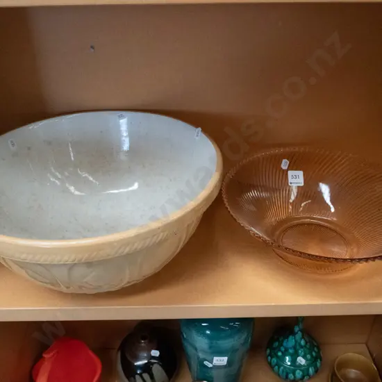 large ceramic mixing bowl, pink glass fruit bowl