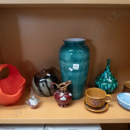 shelf; ceramic baskets, Palissy cups, saucers, glass bird etc