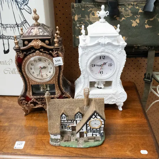 2x ornate reproduction plastic clocks, small English pub book