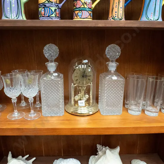 clock, 2x decanters, tumblers, etc