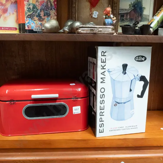 small bread bin, stove top espresso maker