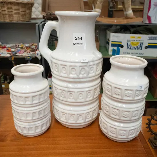 3x white German pottery vases
