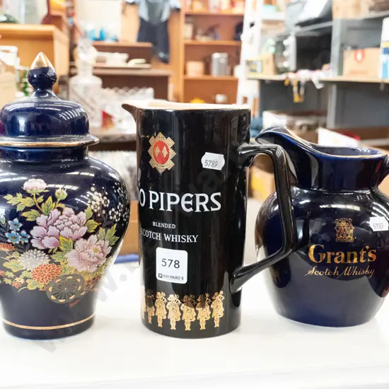 cobalt floral ginger jar, 2 whisky jars
