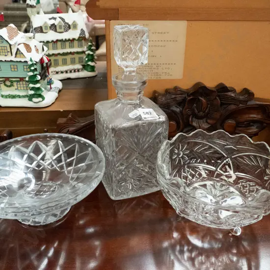 cut glass decanter, crystal and glass bowl