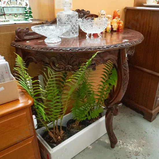 reproduction heavily carved mahogany half round table H-930