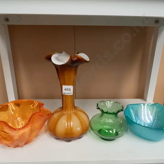 coloured glass vases, 2 bowls