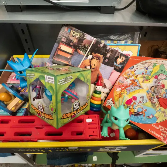 box of wooden toys, vehicles, jigsaw puzzles, Rescue Riders dragons, etc.
