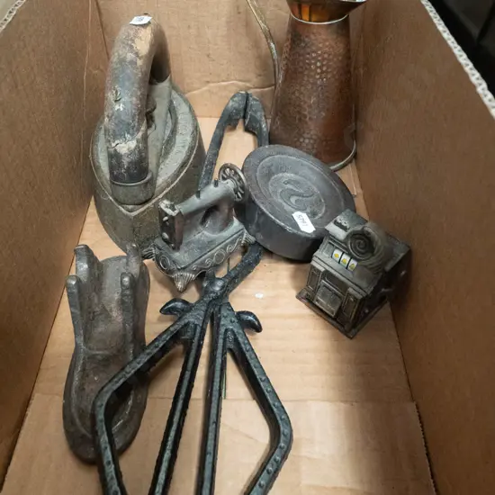box; metal tongs, scale weight, sad iron etc