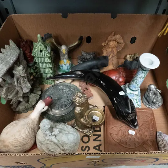 box; ornaments, coasters, candlestick etc