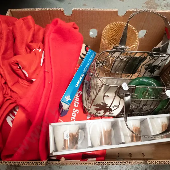 box; Santa sacks, tea cups, dominoes etc