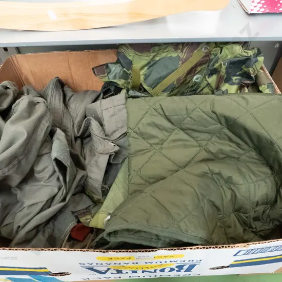 box; military items; camo fly tent, overalls, caps, webbing etc