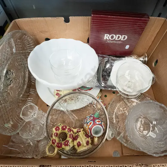 box; glass bowls, plated tray, novelty teapots etc