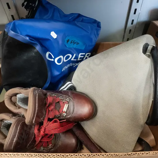 box;  bag, holdall, pair of leather tramping boots