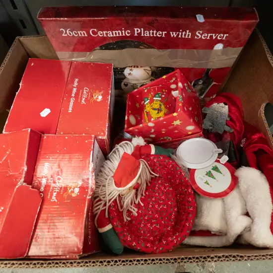 box; Christmas glasses, platter, mugs etc