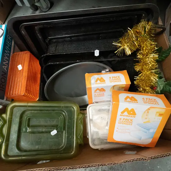 box; baking dishes, fairy lights, first aid kit etc