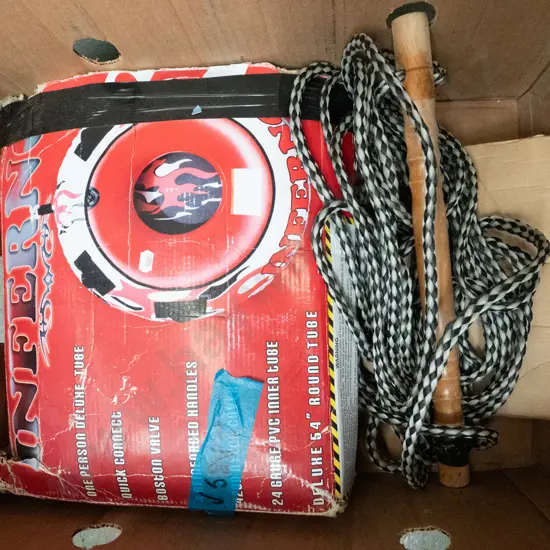box; water ski rope, Inferno inflatable tube