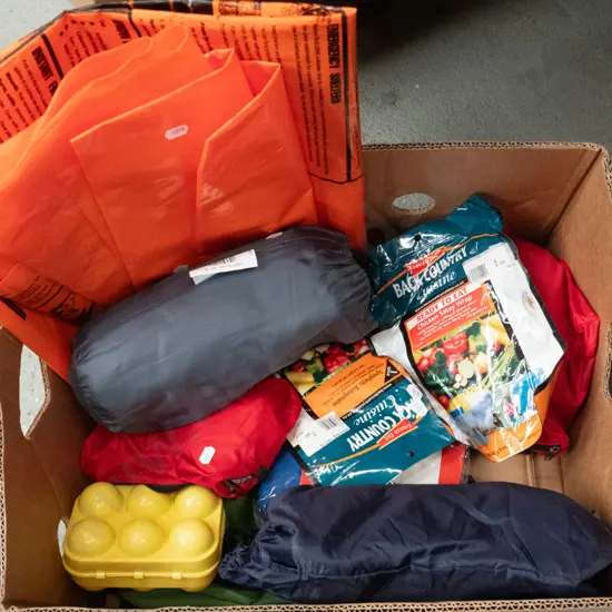 box; camping gear; tramping food, cushions, survival bags etc