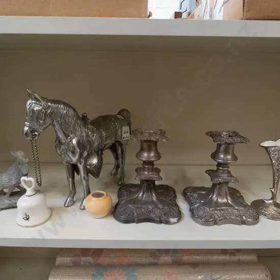 shelf; candlesticks, horse figurine etc