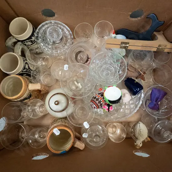 box; tumblers, beer steins, plate stands, ginger jar etc