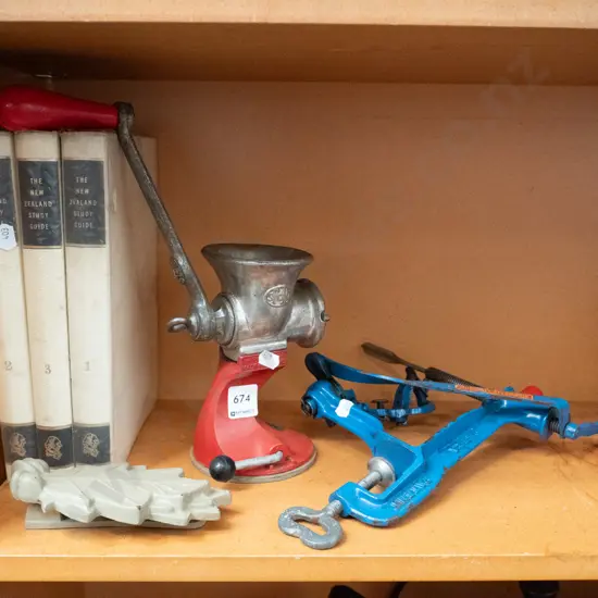 3x volumes of NZ study guide, mincer, door knocker, bench top apple peeler