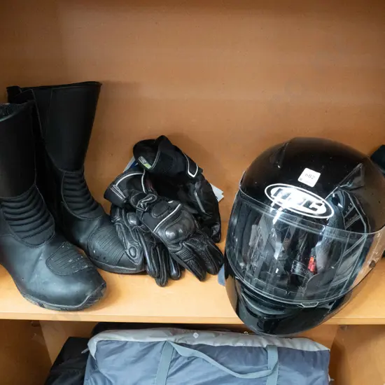 motorcycle helmet, gloves, boots