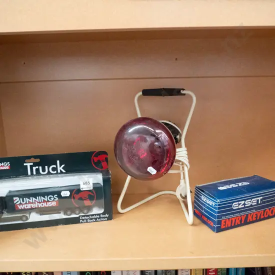 box; Bunnings toy truck, red light lantern, door lock