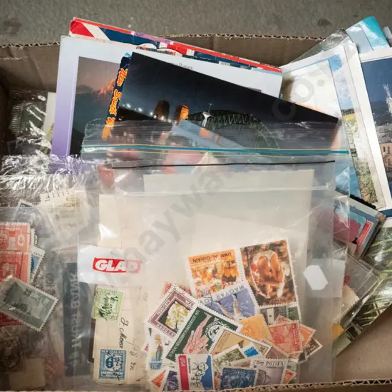 box; first day covers, postcards, stamps