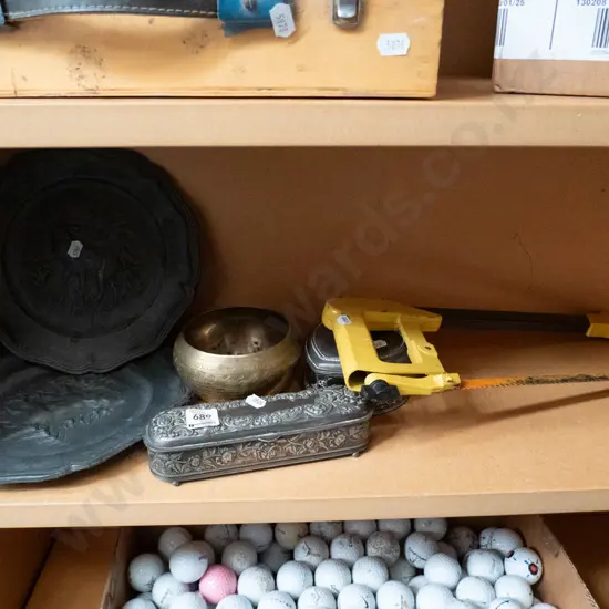 shelf; cast pewter plates, copper dish etc