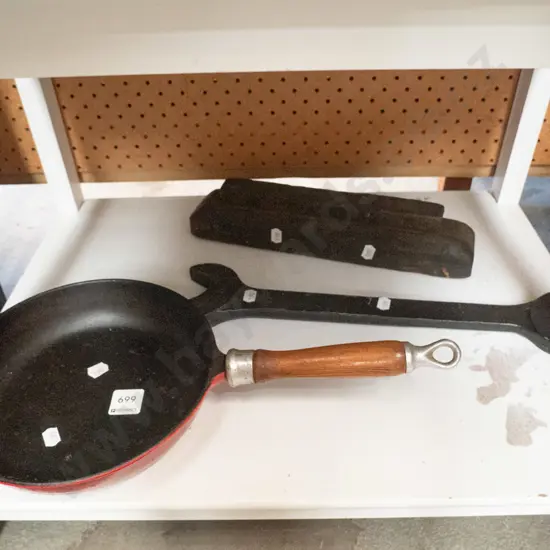 cast iron frying pan, large crescent, vintage sharpening stone